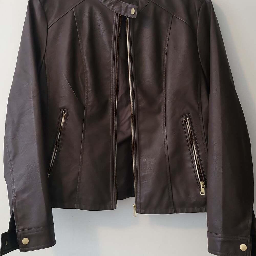 Baccini Brown Faux Leather Full-Zip Moto Jacket with Gold Hardware